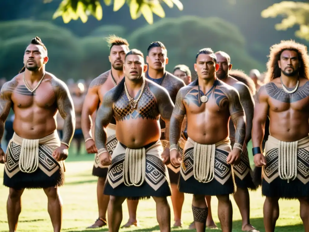 Grupo de guerreros Maoríes realiza el Haka con intensidad y orgullo, mostrando el significado cultural del Haka Maorí