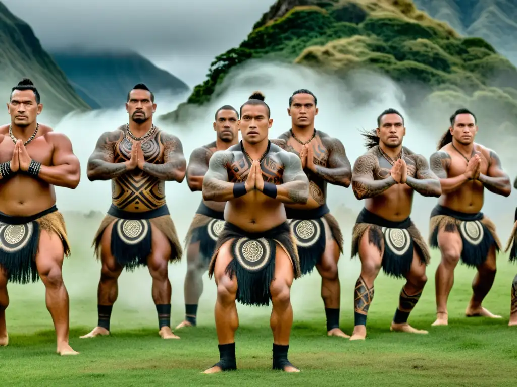 Un grupo de guerreros maoríes ejecuta el Haka con intensidad en un paisaje neozelandés, destacando el significado cultural del Haka Maorí