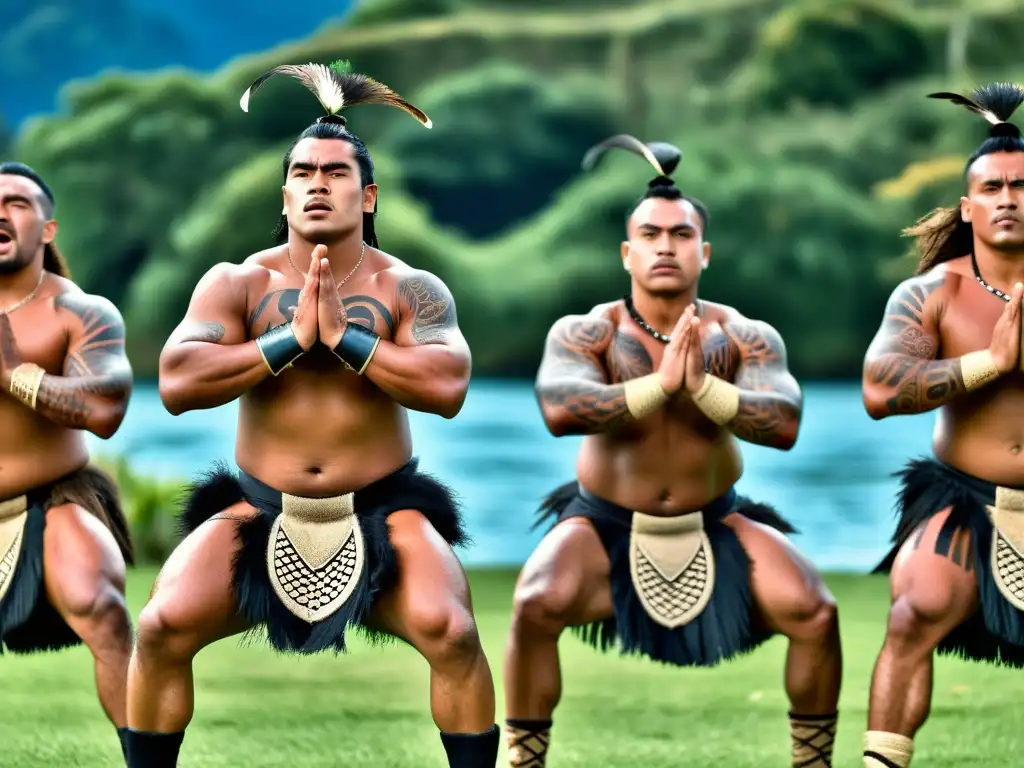 Grupo de guerreros maoríes realiza la Haka, mostrando tradición y poder en la enseñanza de la Haka en Nueva Zelanda