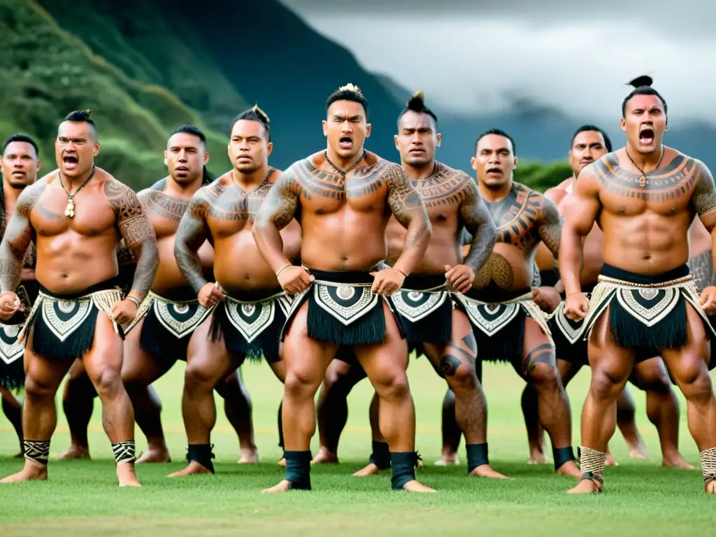 Un grupo de guerreros maoríes realiza el Haka con expresiones faciales intensas, tatuajes tradicionales y vestimenta cultural