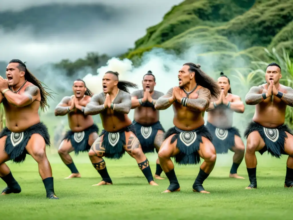 Un grupo de guerreros maoríes realiza el Haka con pasión y fuerza, en un paisaje verde exuberante