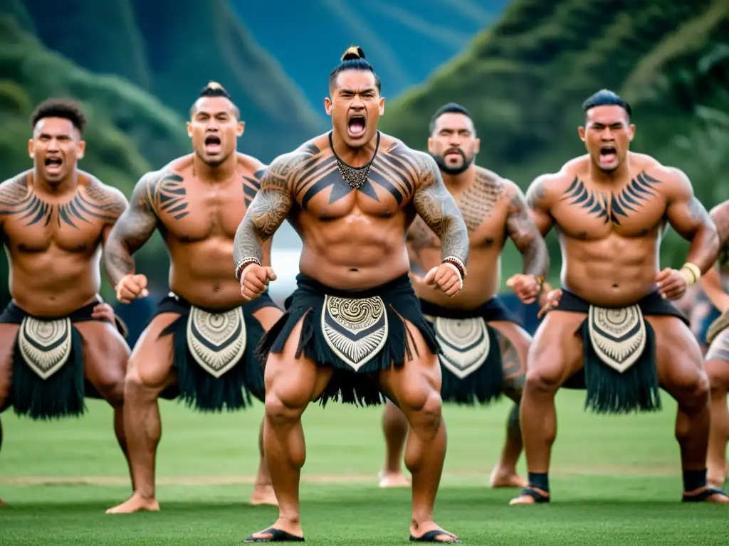 Un grupo de guerreros maoríes realiza un poderoso haka, mostrando la transformación cultural del haka europeo con orgullo y fuerza en Nueva Zelanda