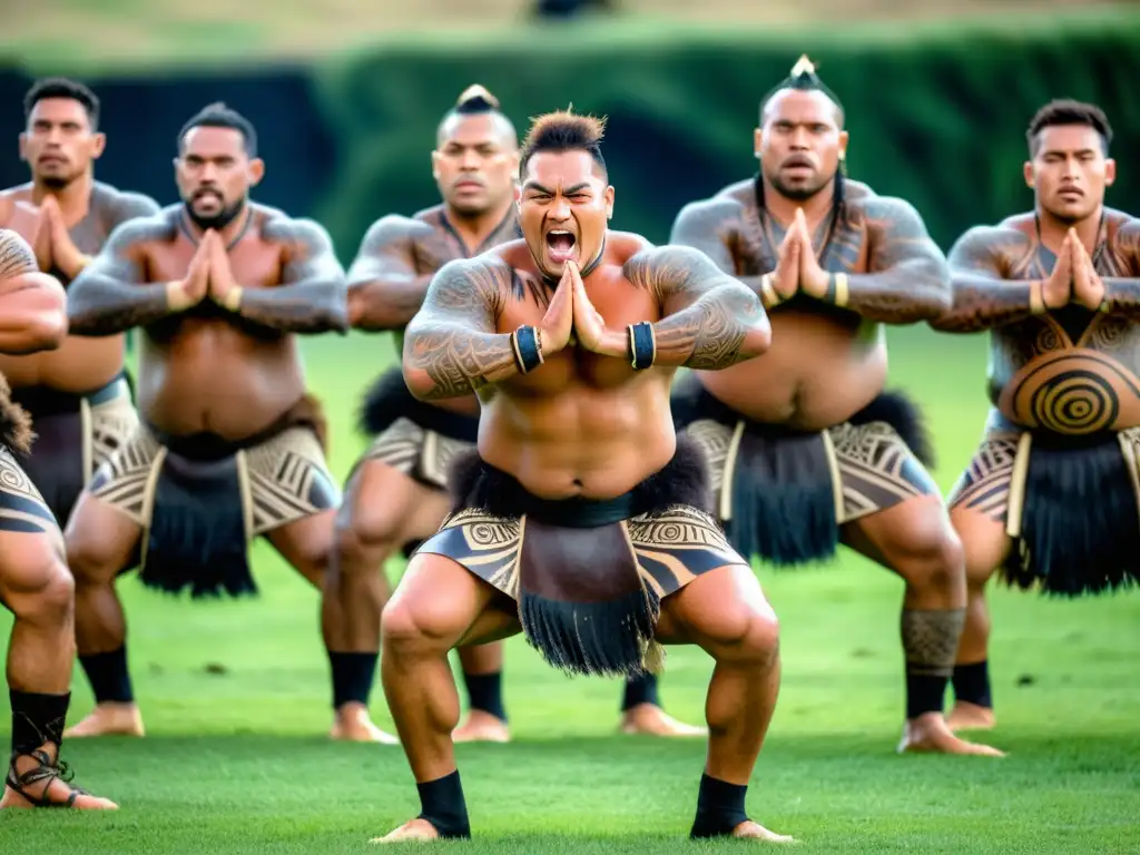 Un grupo de guerreros Maoríes realiza un poderoso Haka en un campo de Nueva Zelanda