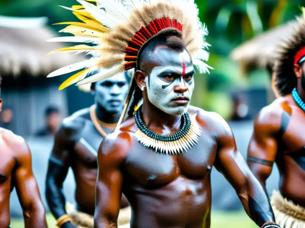 Un grupo de guerreros melanesios danzando con pintura de guerra y plumas, exhibiendo la técnica y significado de las danzas de guerra en Melanesia