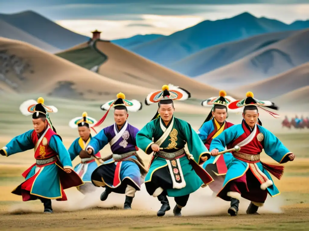 Grupo de guerreros mongoles ejecutando la zarabanda, con trajes tradicionales coloridos y bordados detallados