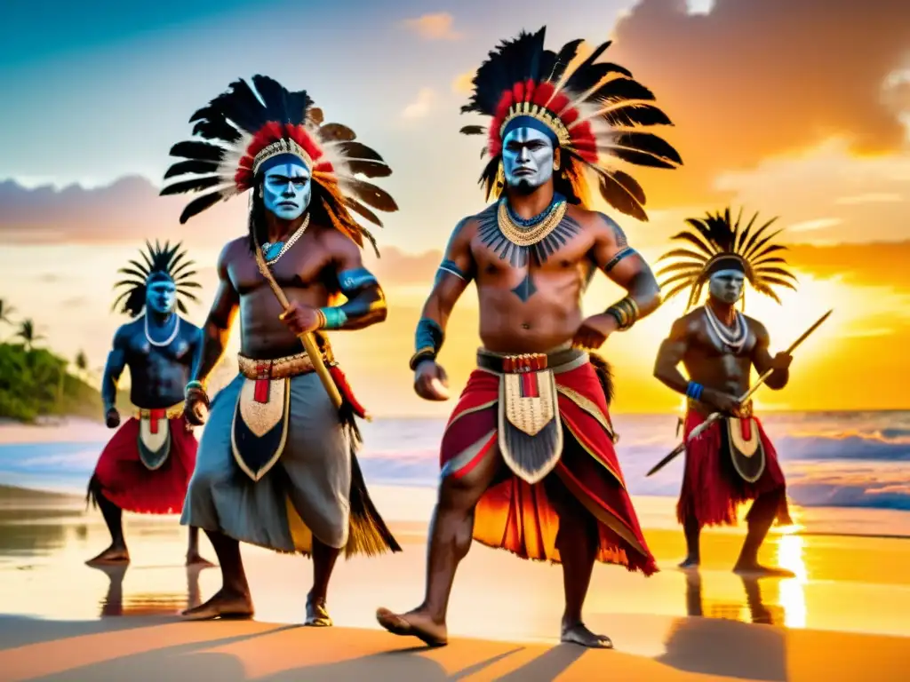 Un grupo de guerreros oceanicos realiza una danza guerrera en la playa al atardecer, transmitiendo fuerza, tradición y paz en Oceanía