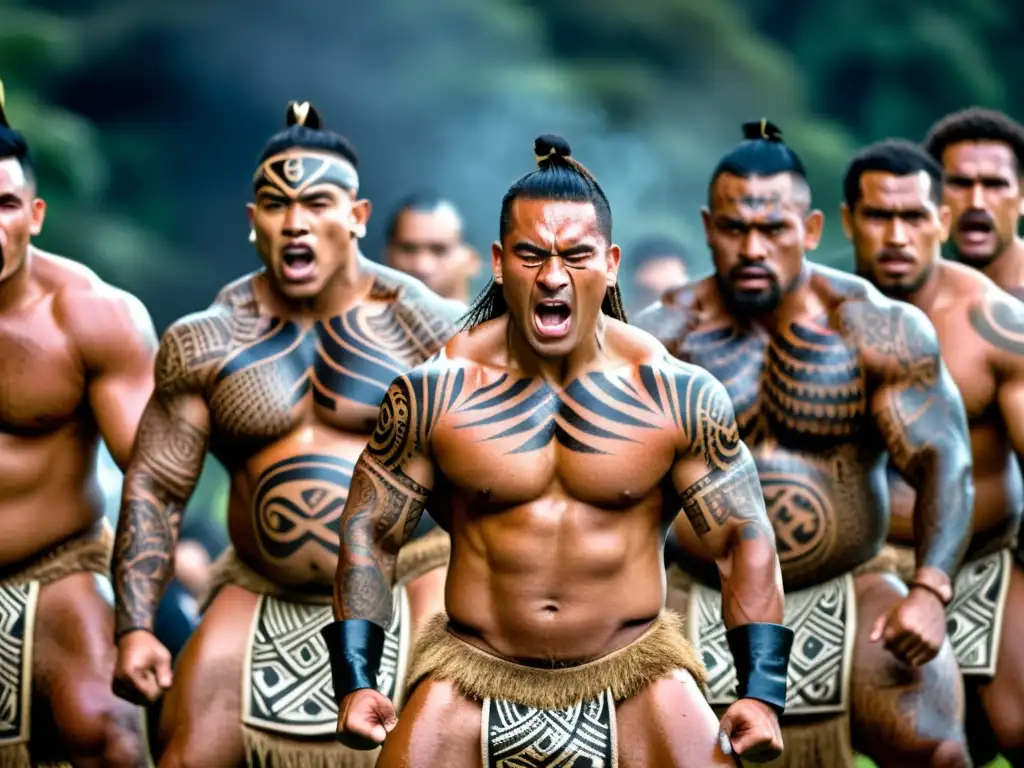 Grupo de guerreros maoríes realizando el poderoso baile Haka, exudando fuerza y orgullo al aprender Haka maorí en Nueva Zelanda