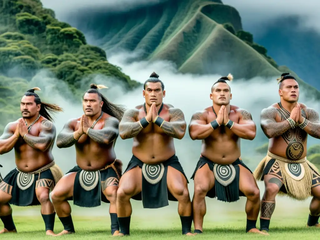 Grupo de guerreros Maoríes ejecutando el poderoso Haka, con expresiones faciales intensas y movimientos sincronizados