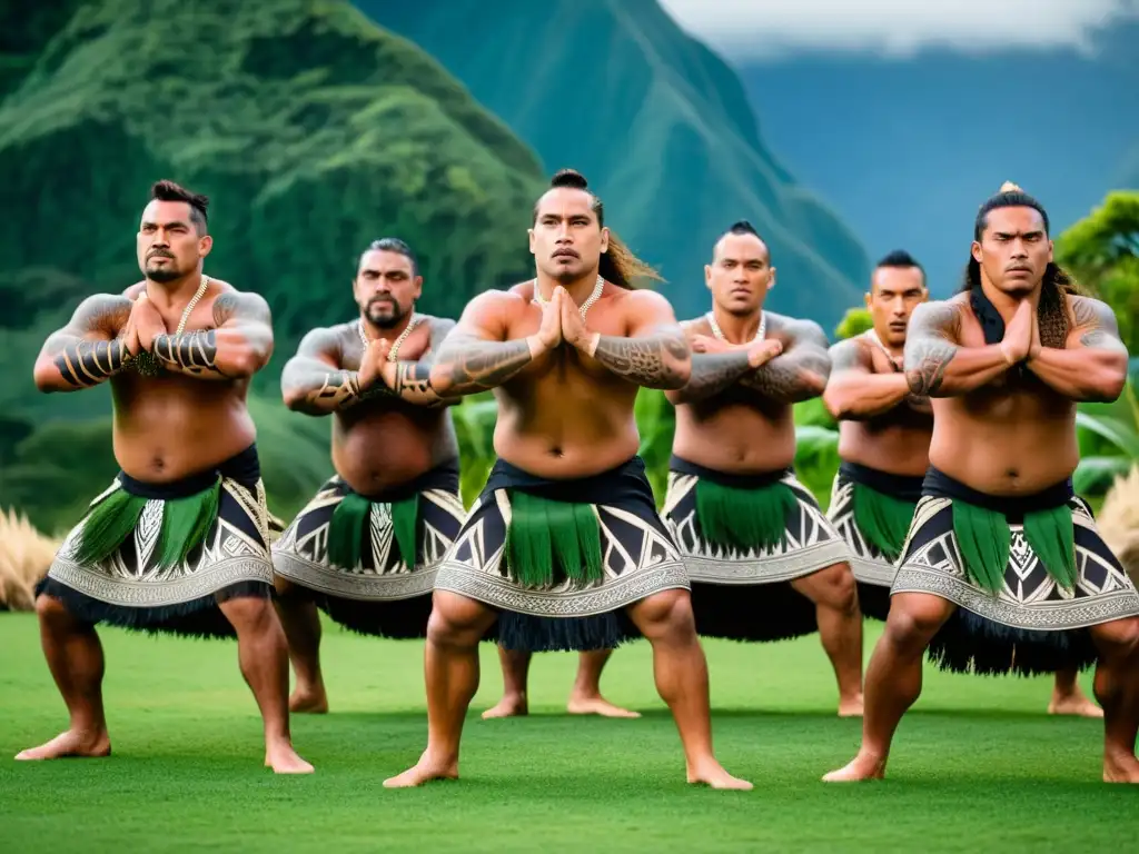 Grupo de guerreros maoríes realizando un poderoso haka, con expresiones fieras, tatuajes resaltados y montañas de fondo