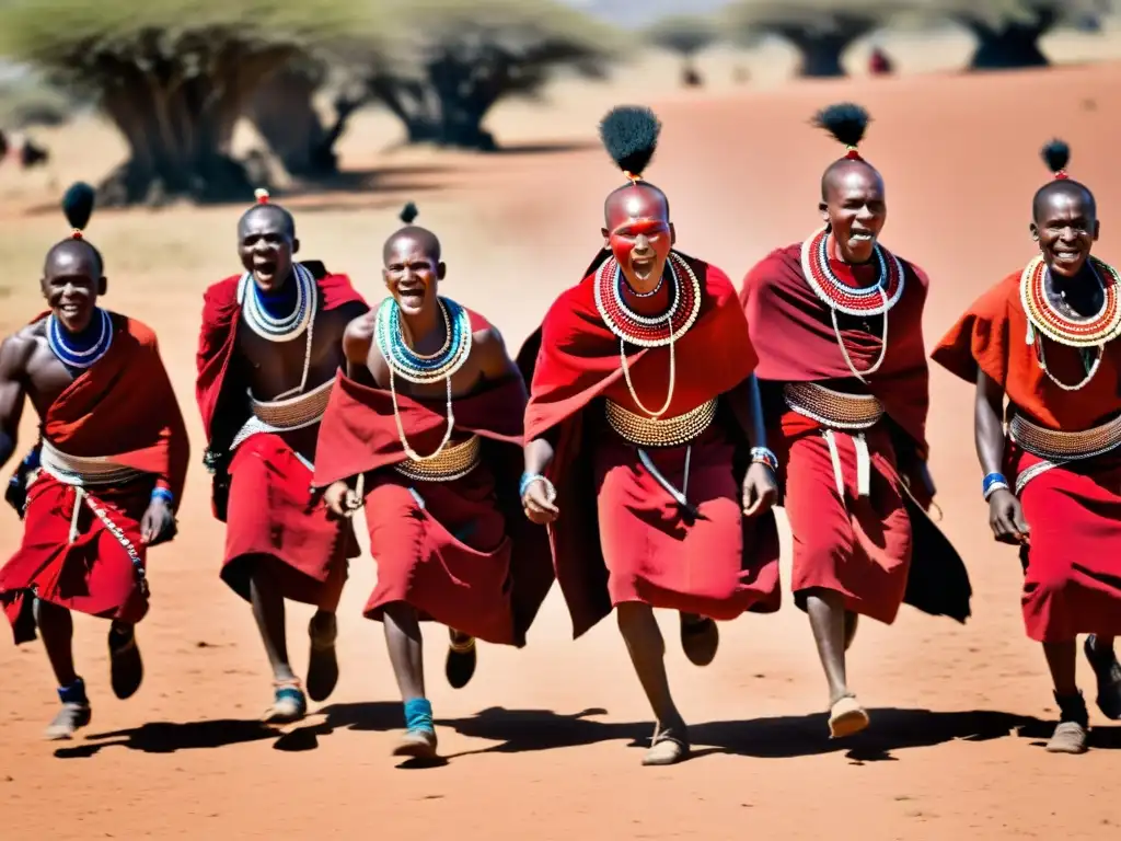 Un grupo de guerreros Masái danzando Adumu, con sus shukas rojos y joyas, saltando con energía en la sabana africana