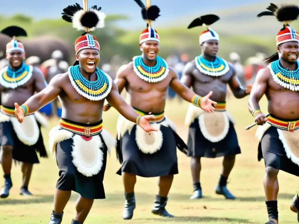 Un grupo de guerreros Zulúes realiza la danza tradicional Indlamu en Sudáfrica, exudando fuerza y orgullo, rodeados de color y energía cultural