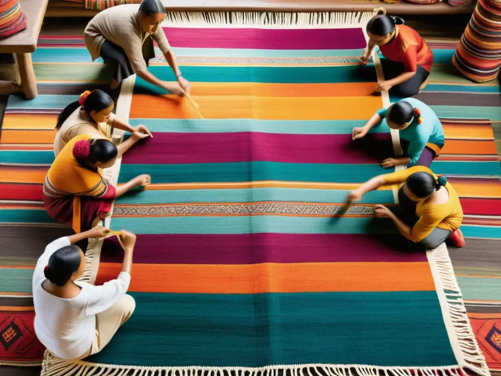 Un grupo de hábiles artesanos teje meticulosamente diseños de danza étnica en una colorida alfombra, mostrando su arte y técnica tradicional