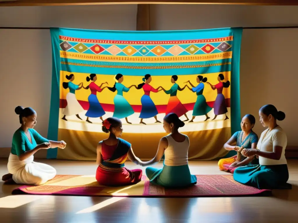 Un grupo de hábiles artesanos tejen meticulosamente tapices inspirados en danzas tradicionales, rodeados de hilos coloridos y patrones intrincados