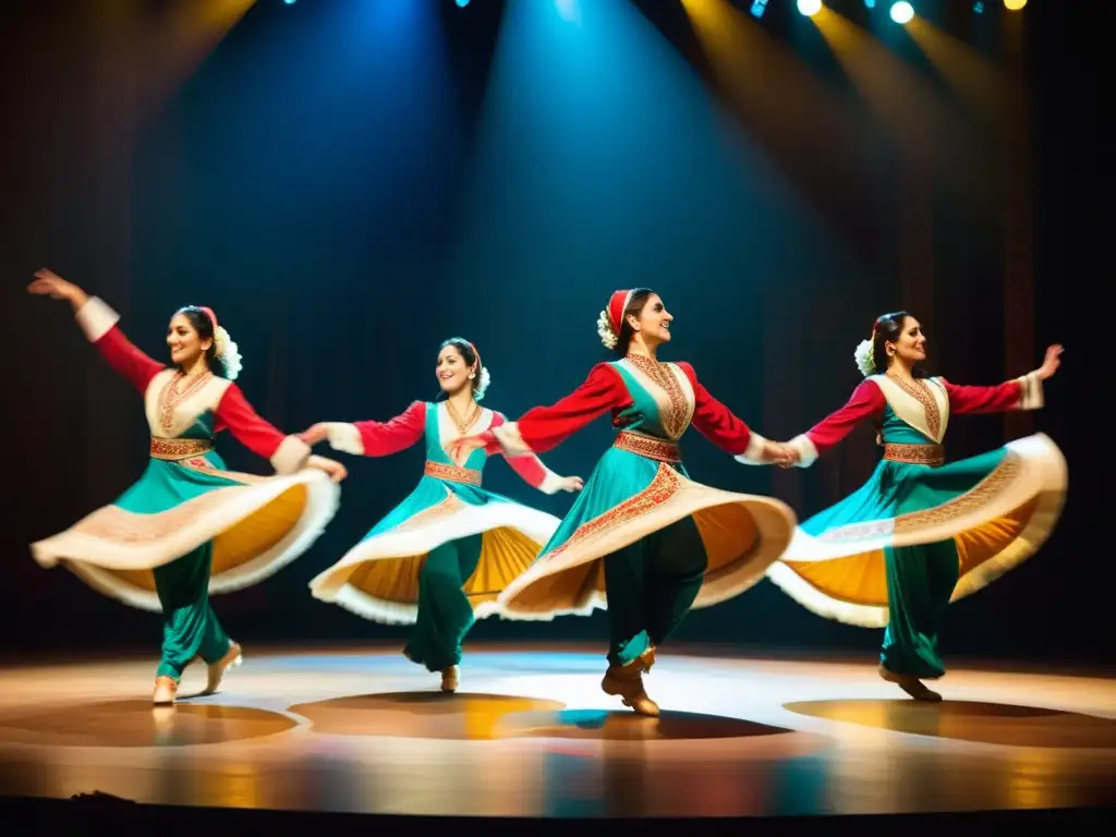 Un grupo de hábiles bailarines persas se mueven con gracia y pasión al compás de un santur, sus trajes vibrantes crean patrones hipnóticos