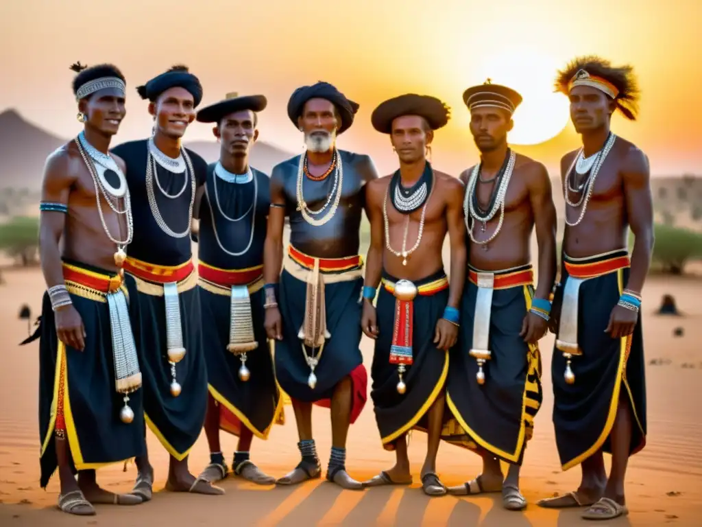 Grupo de hombres Wodaabe en atuendos tradicionales, pinturas faciales y decoraciones, reunidos al atardecer para la significativa danza Gerewol