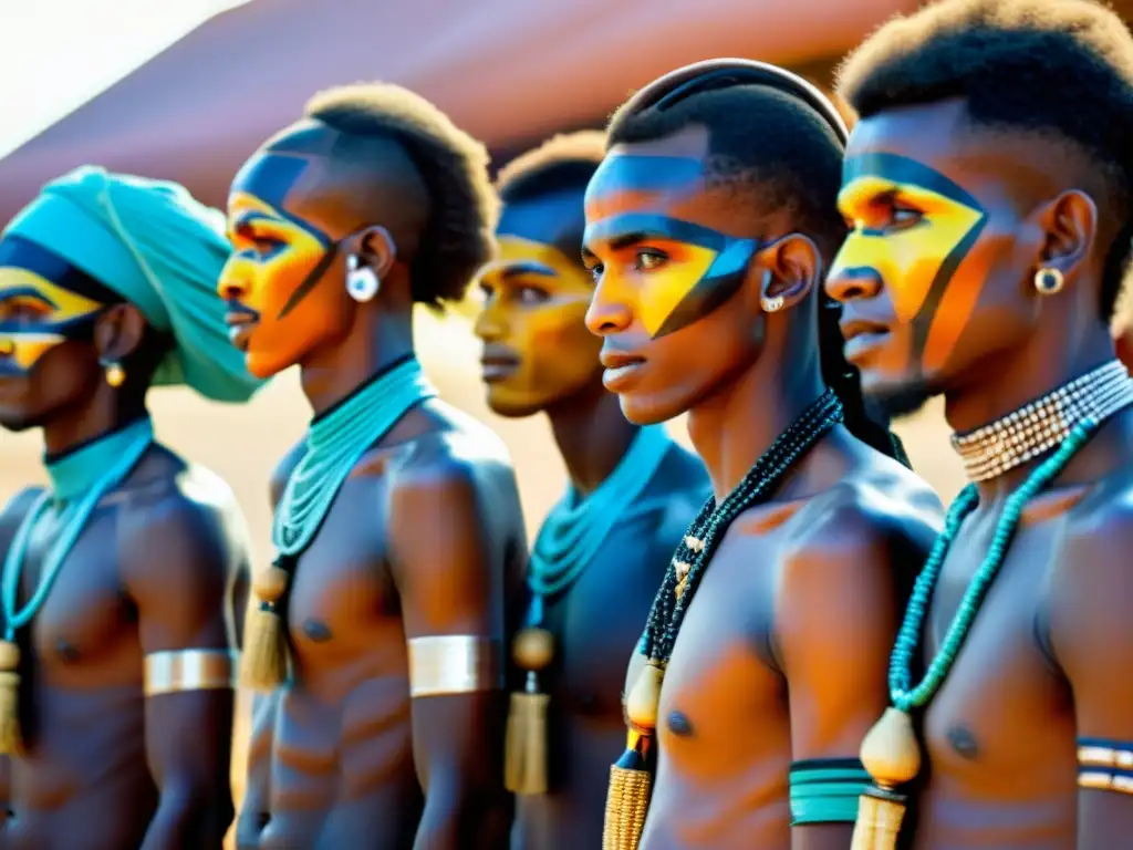 Grupo de hombres Wodaabe preparándose para el baile Yaake durante el festival Gerewol en Níger, con atuendos tradicionales y joyería, capturando la belleza y significado cultural del evento