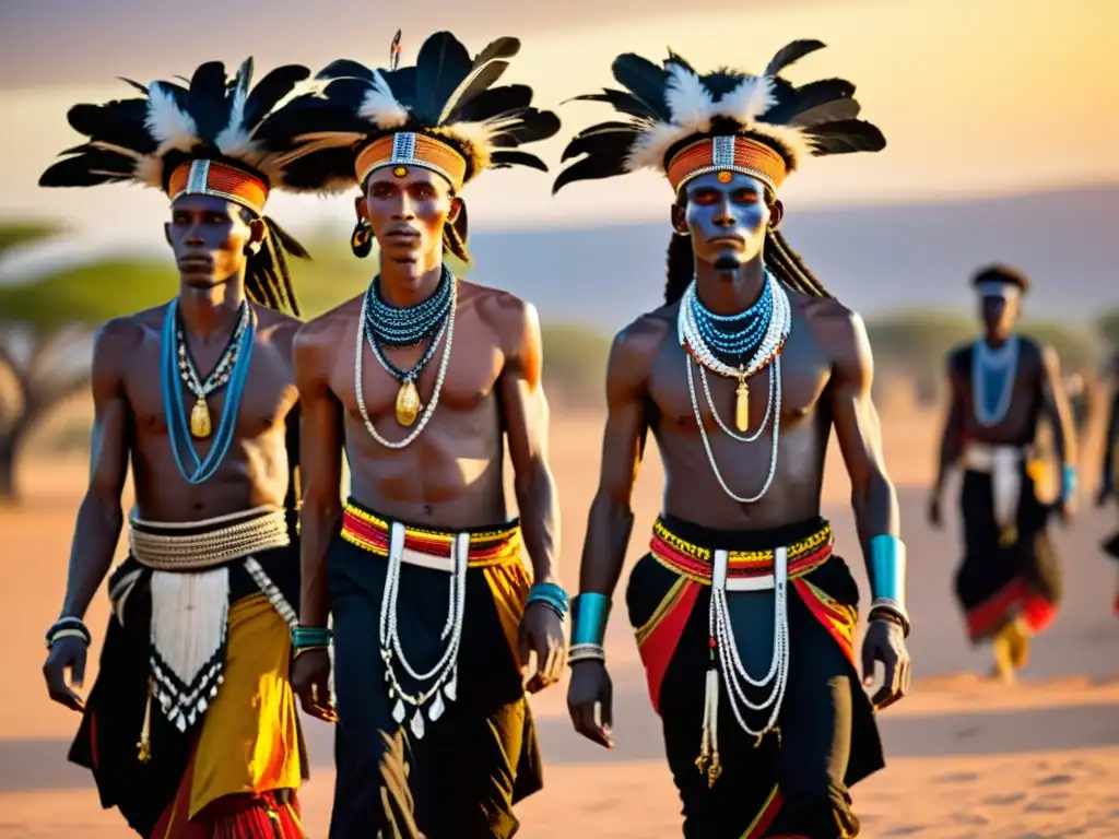 Grupo de hombres Wodaabe ejecutando la danza Gerewol al atardecer, destacando su significado cultural y la belleza de la tradición africana