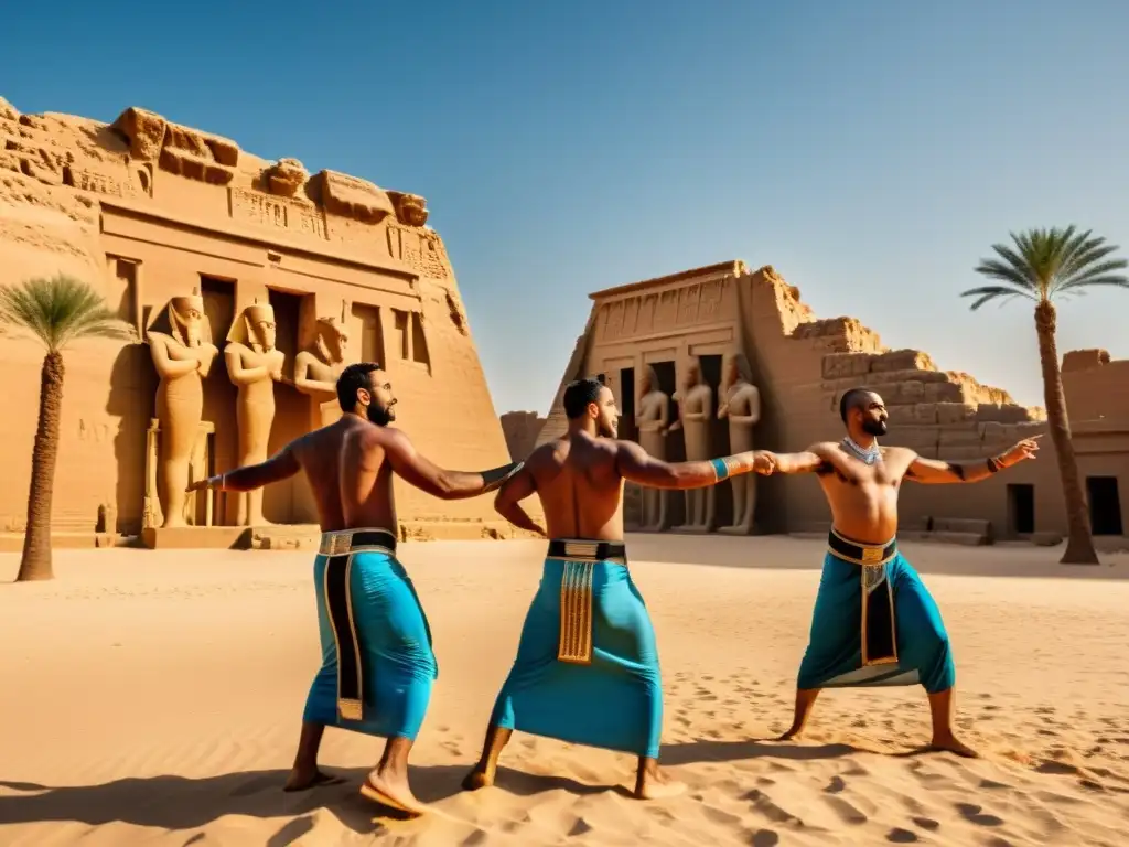 Un grupo de hombres egipcios realiza la danza folclórica Tahtib entre ruinas antiguas y palmeras en el desierto