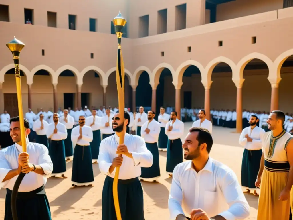 Un grupo de hombres egipcios visten trajes tradicionales y realizan una enérgica actuación de tahtib en un patio bañado por el sol, mientras los espectadores, incluidas mujeres con coloridos vestidos, observan con atención, sus rostros iluminados por el resplandor dorado del at