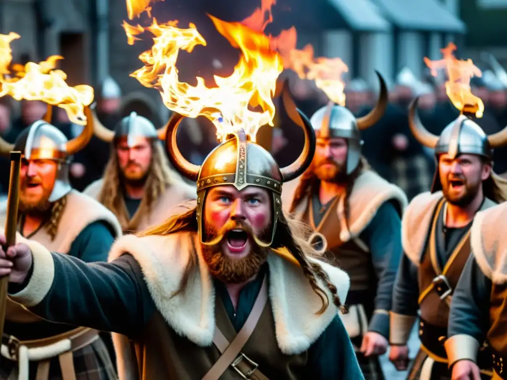 Grupo de hombres escoceses en atuendo vikingo, danzando con antorchas en el Festival Up Helly Aa