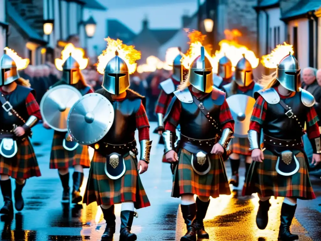 Grupo de hombres escoceses con cascos vikingos y escudos, danza de espadas durante el Festival Up Helly Aa, con fuego y luz de antorchas en la noche