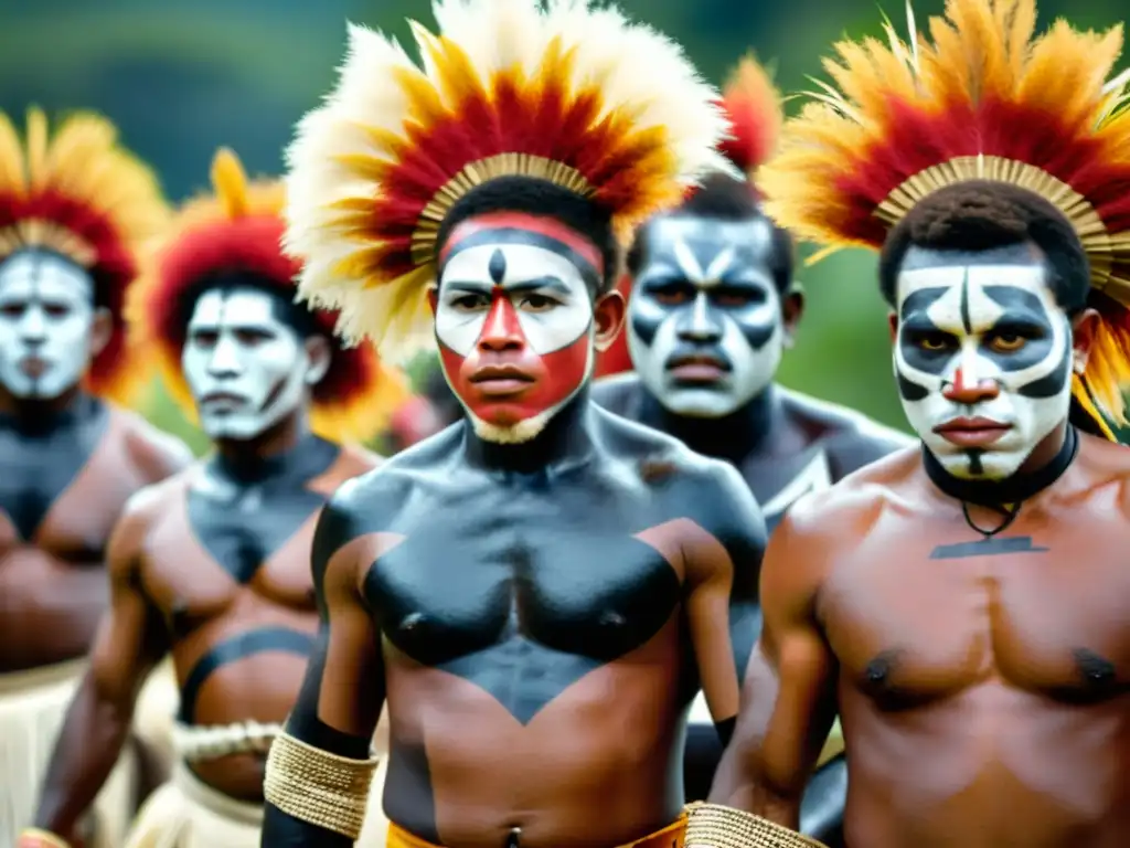 Grupo de hombres indígenas danzando con lanzas y escudos, mostrando el significado cultural de la danza del palo de guerra en Papúa Nueva Guinea