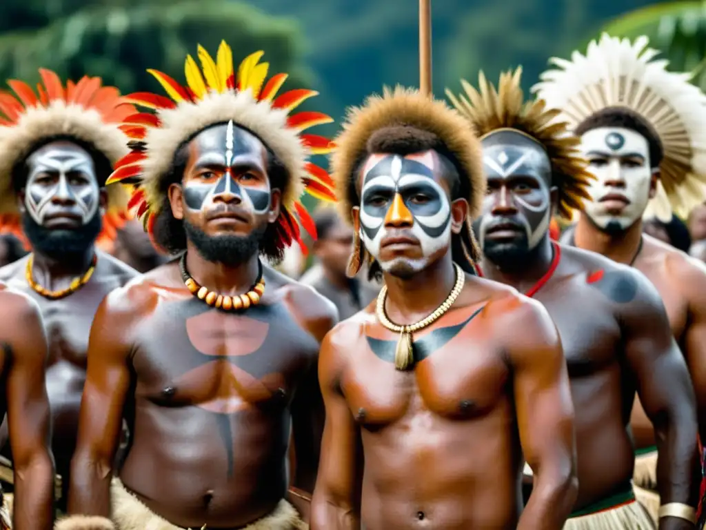 Grupo de hombres indígenas de Papua danzan con palos de guerra, expresando su significado cultural y energía ancestral