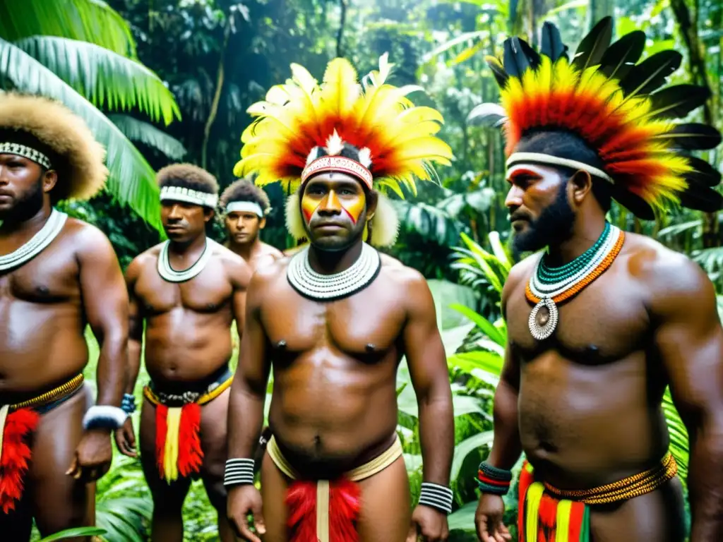 Grupo de hombres indígenas Papúes danzando con vestimenta tradicional en la selva