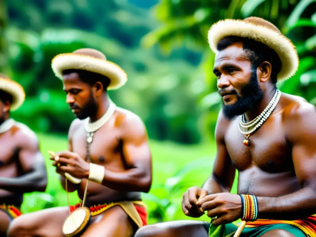 Grupo de hombres papúes tocando instrumentos de cuerda en una aldea entre exuberante vegetación