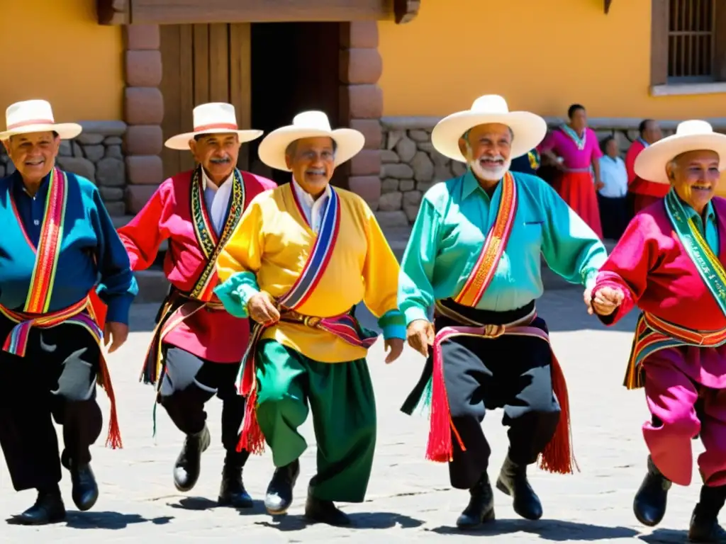 Grupo de hombres mayores danzando Viejitos en la plaza de Michoacán, irradiando alegría y tradición, con un significado social profundo