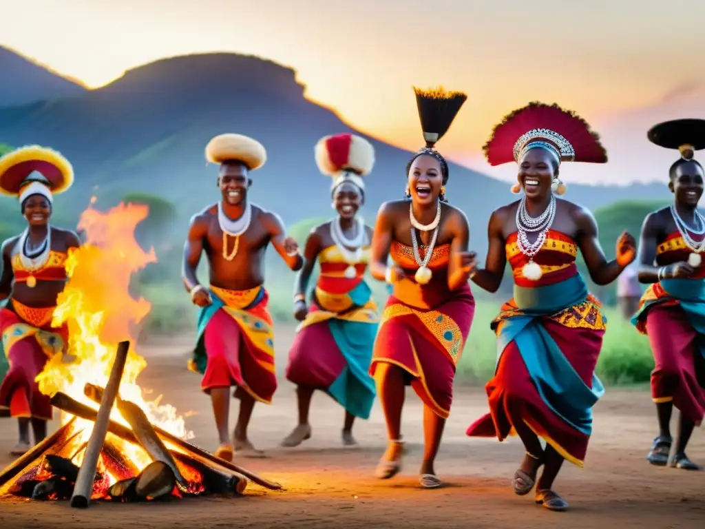 Grupo de hombres y mujeres africanos vistiendo atuendos tradicionales, bailando alrededor de una fogata en una aldea rural