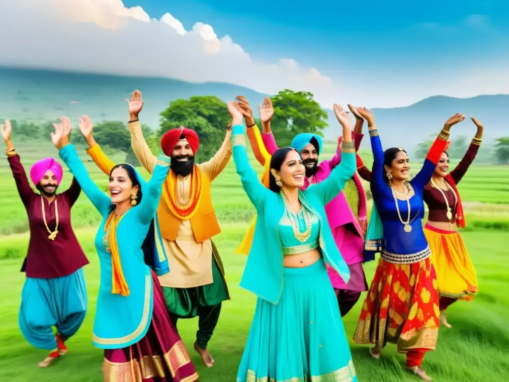 Grupo de hombres y mujeres Punjabi bailando Bhangra tradicional en campos verdes, expresando alegría y tradición cultural