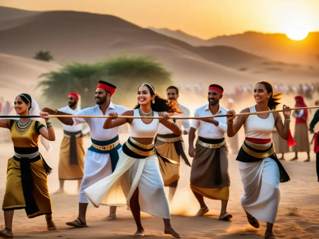 Grupo de hombres y mujeres egipcios realizando la danza folclórica Tahtib al atardecer en una aldea rural, capturando la esencia del Tahtib egipcio