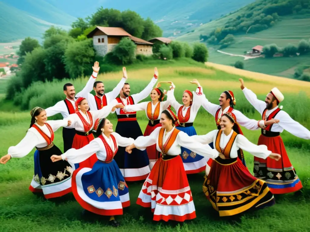 Un grupo de hombres y mujeres serbios visten trajes tradicionales, bailando el Kolo con alegría y camaradería