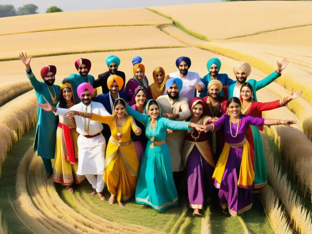 Un grupo de hombres y mujeres vestidos con trajes tradicionales vibrantes bailan en un campo de trigo dorado bajo el sol brillante, celebrando la festividad con energéticos movimientos de Bhangra