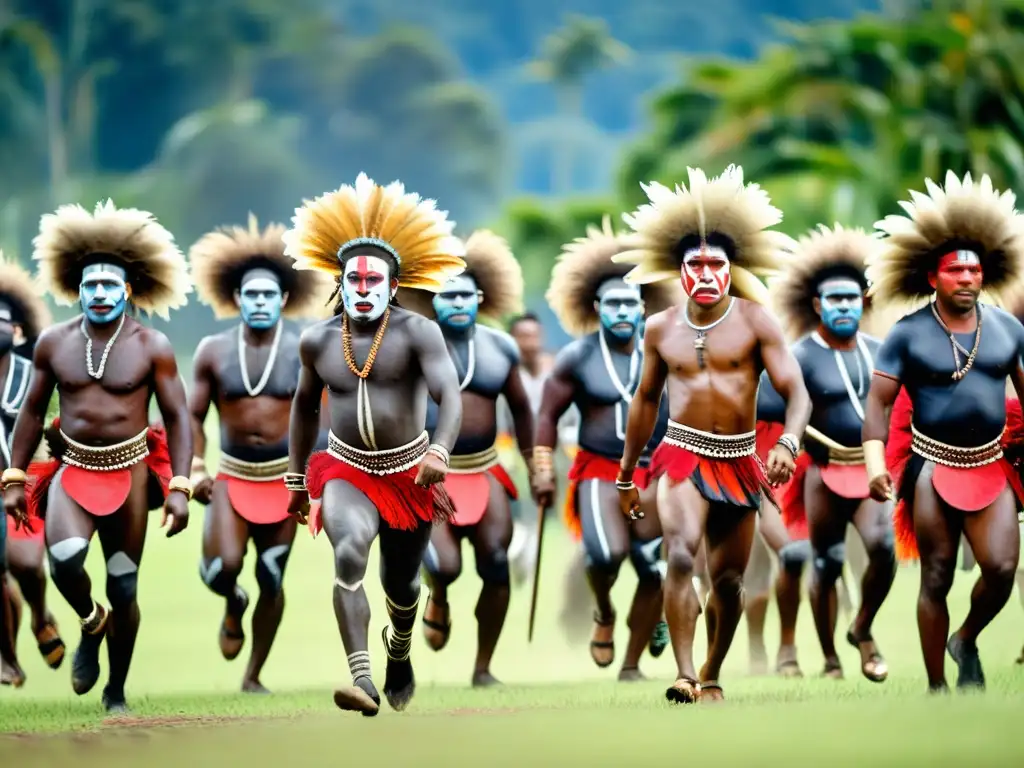 Grupo de hombres papúes en trajes tradicionales realizando la danza del palo de guerra con expresiones intensas y vibrante atuendo tradicional