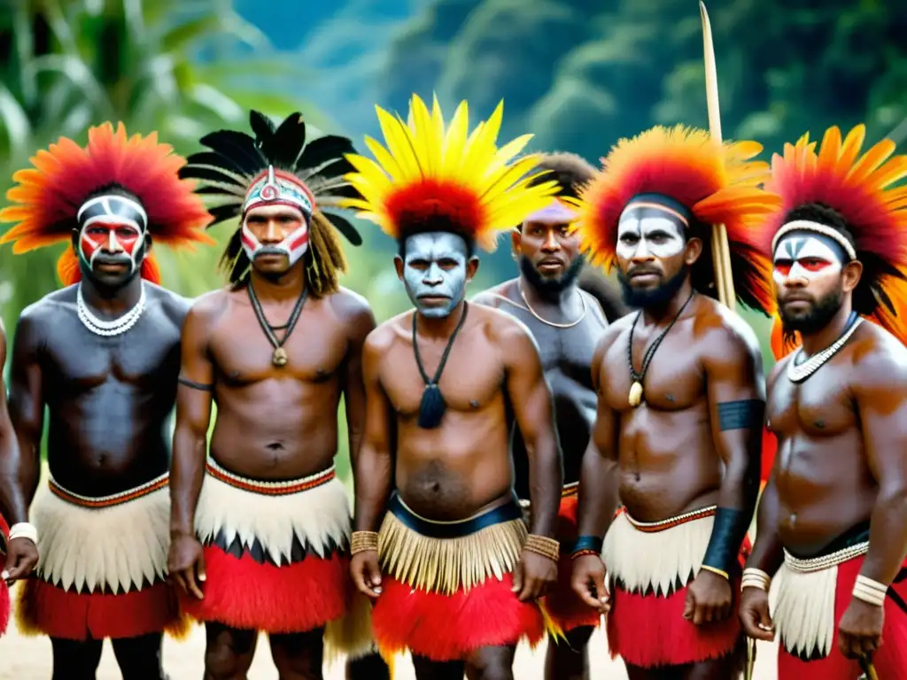 Grupo de hombres papúes con vestimenta tradicional y pintura de guerra, realizando danza del palo con expresiones fieras