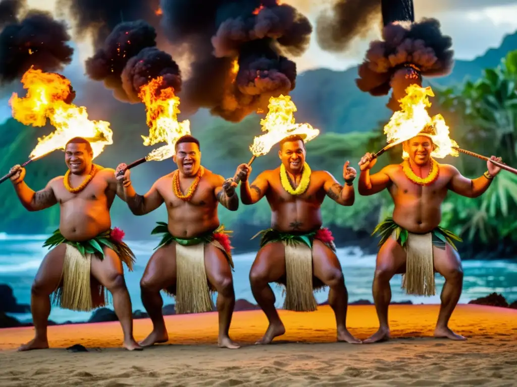 Grupo de hombres samoanos realizando la danza Ailao Afi alrededor del fuego, mostrando el significado cultural del Ailao Afi con destreza y pasión