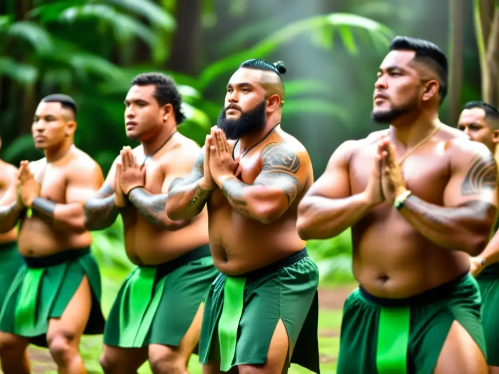 Grupo de hombres samoanos realizando Fa'ataupati en un claro del bosque