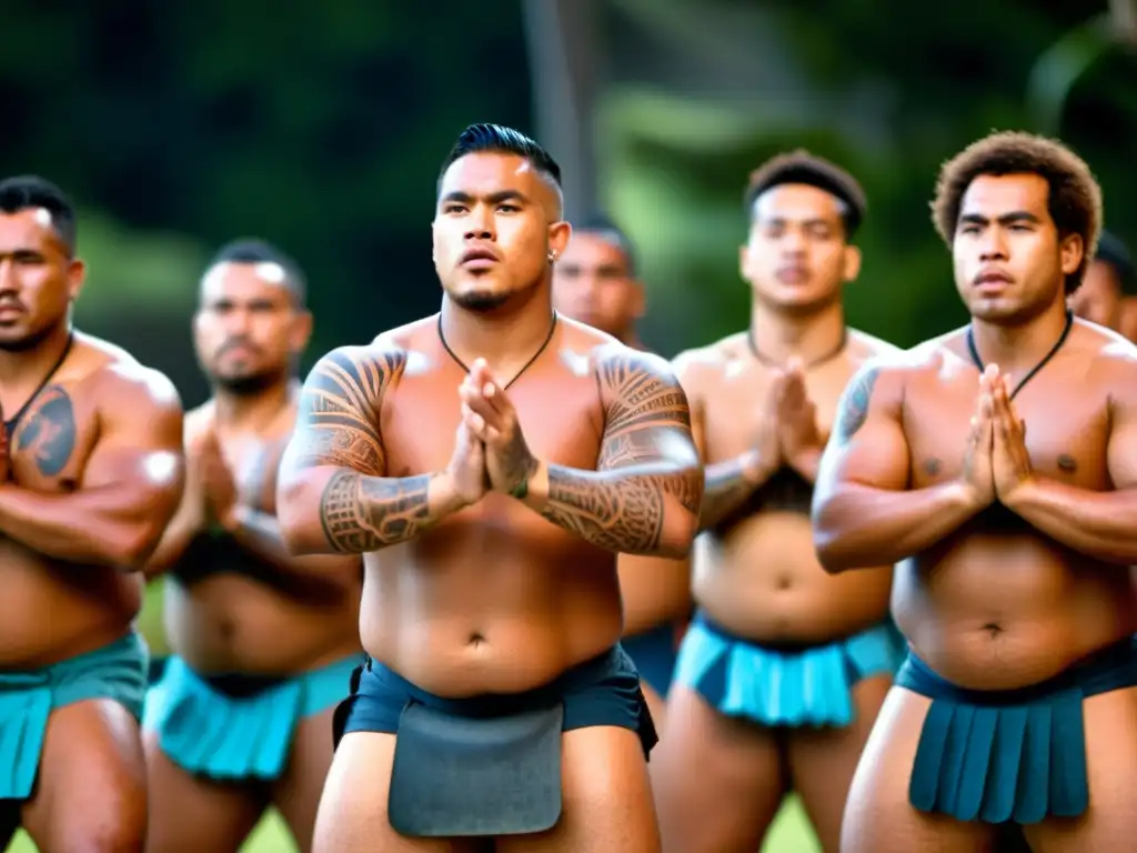 Un grupo de hombres samoanos ejecuta el Fa'ataupati, mostrando el significado cultural del Fa'ataupati Samoano con intensidad y conexión espiritual