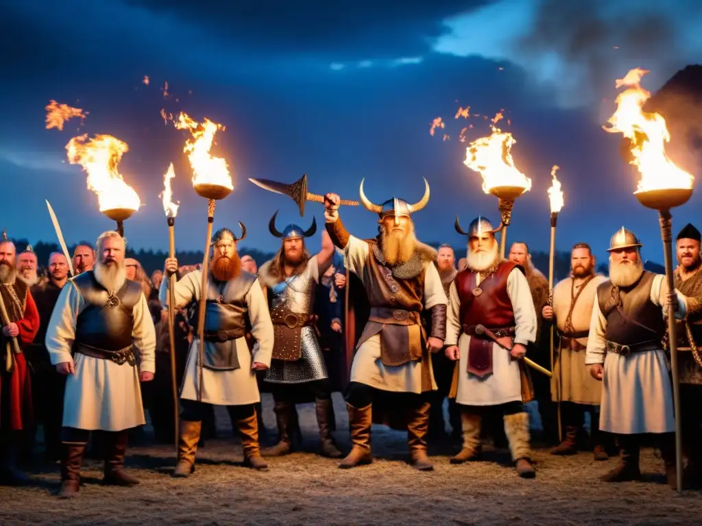 Grupo de hombres vikingos con antorchas y espadas en la danza ceremonial del Festival Up Helly Aa, bajo el cielo nocturno