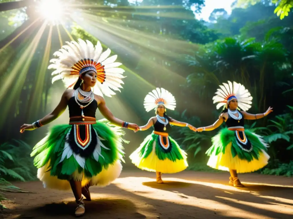 Un grupo indígena baila con trajes tradicionales en un bosque exuberante