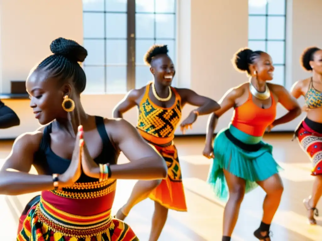 Grupo de instructores de danza africana expertos liderando una clase dinámica en un estudio soleado y espacioso