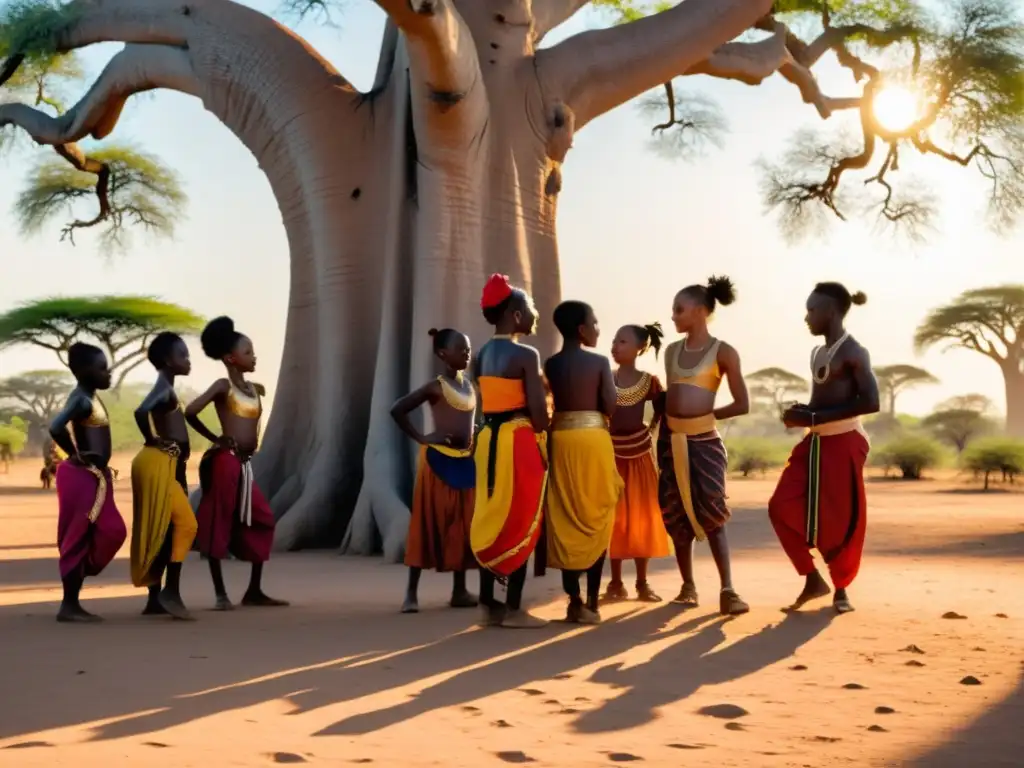 Un grupo de instructores de danza africanos enseñan bajo un baobab al atardecer, rodeados de estudiantes