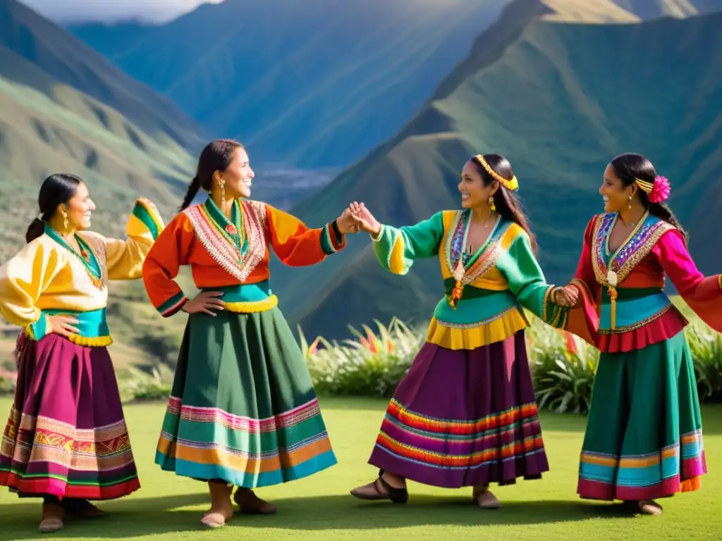 Grupo de instructores de danza andina demostrando movimientos tradicionales en las montañas al atardecer