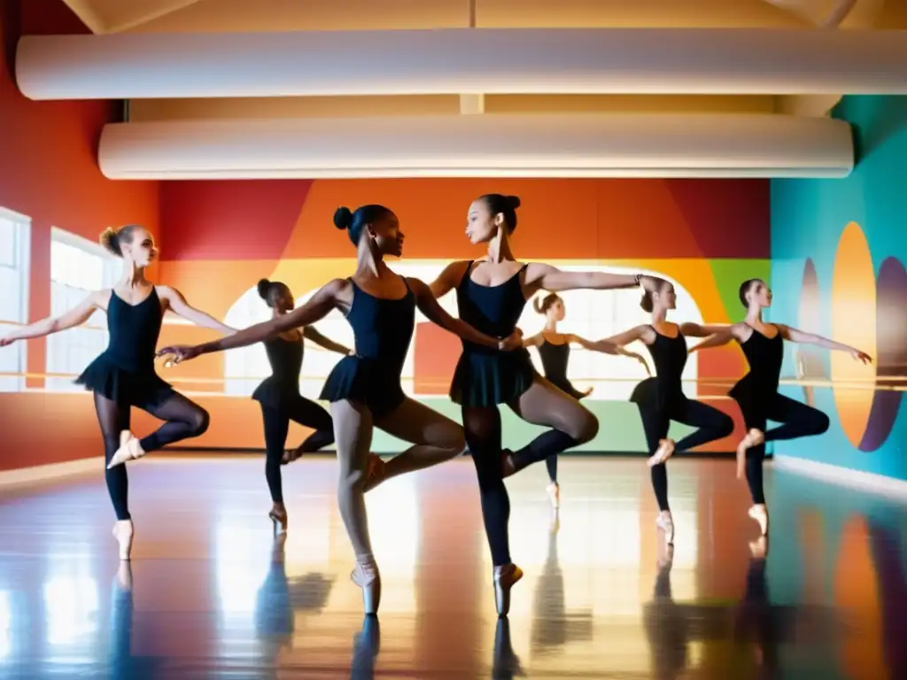 Un grupo de instructores de danza destacados en un estudio amplio y soleado, demostrando movimientos dinámicos con gracia y precisión