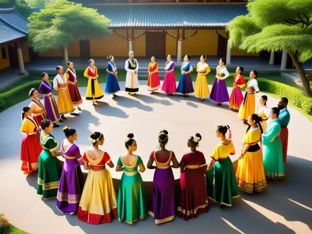 Grupo de instructores de danza tradicional con trajes coloridos en un ambiente al aire libre, reflejando la diversidad cultural