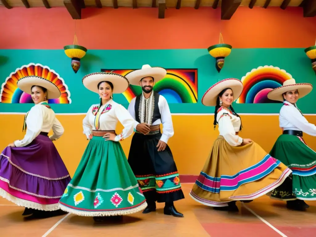 Un grupo de instructores expertos en zapateado folklórico demostrando pasión y precisión en un colorido estudio de baile mexicano