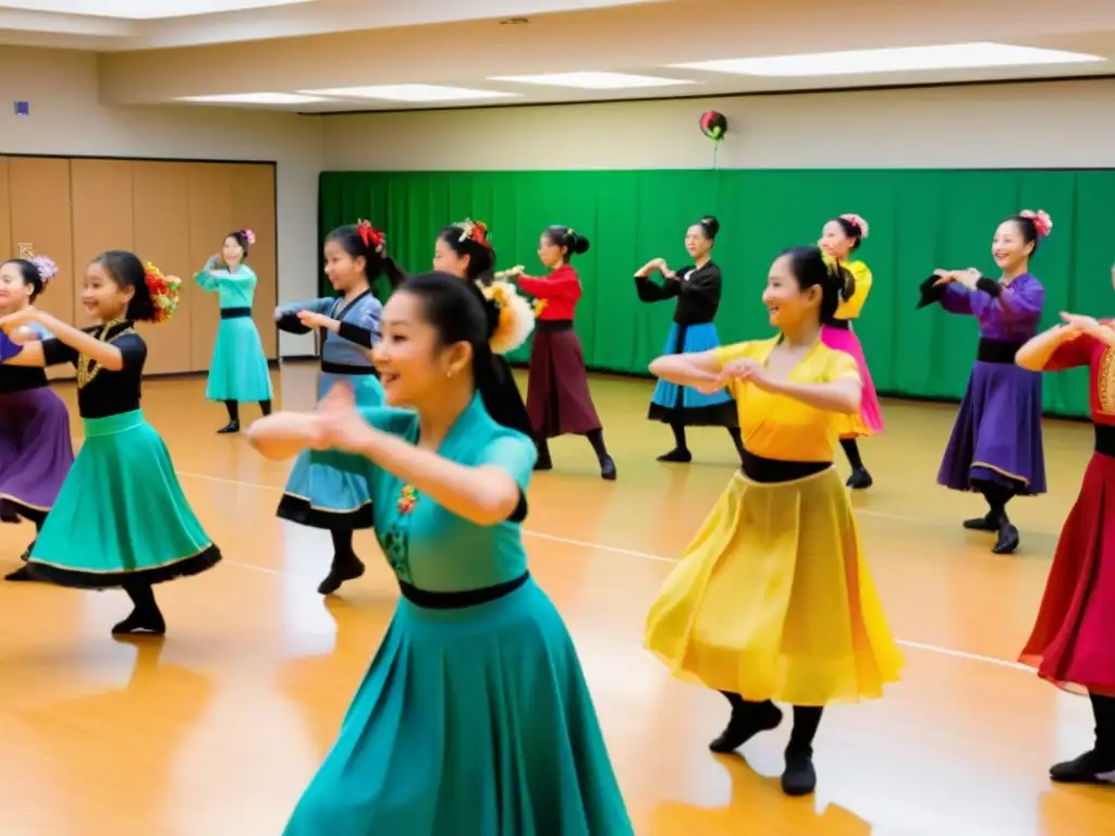 Grupo intergeneracional de bailarines asiáticos en estudio de danza, mostrando métodos de enseñanza intergeneracionales danzas Asia