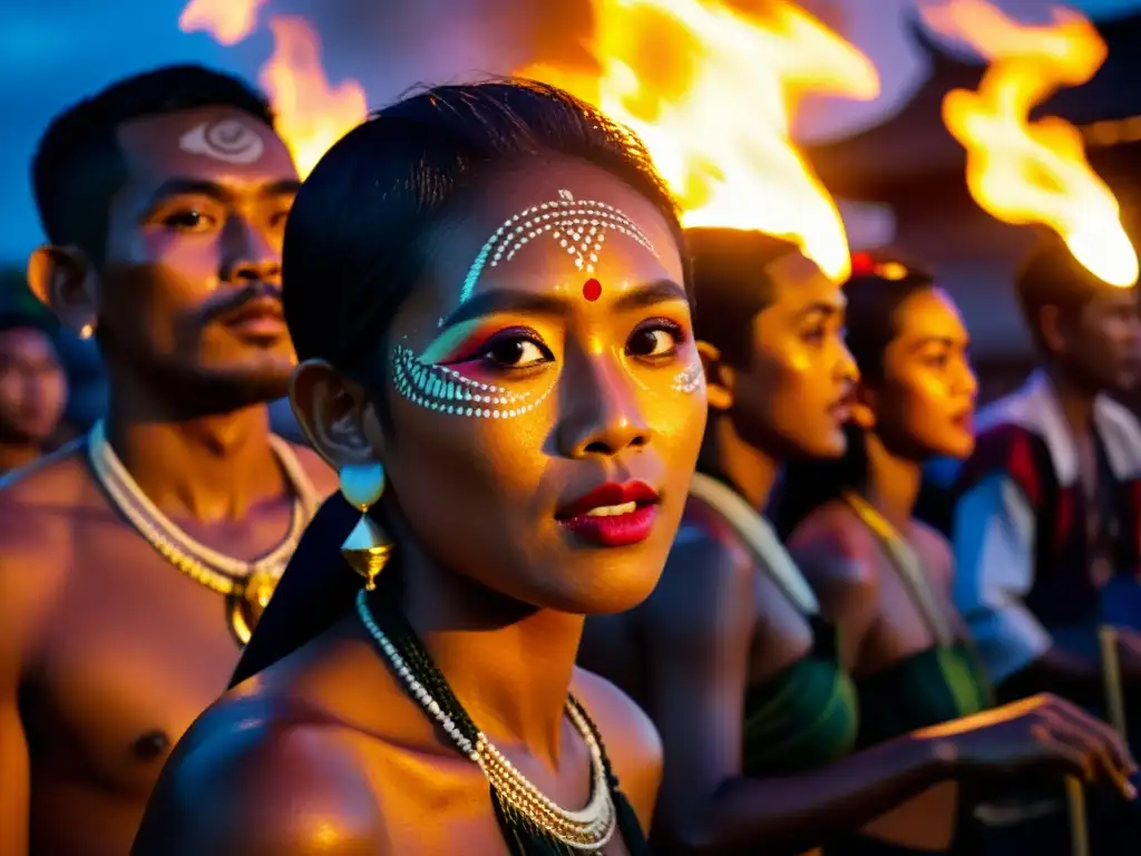 Un grupo de intérpretes balineses realizando la Danza del fuego en Bali, con movimientos hipnóticos y trajes tradicionales